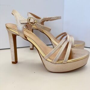 Cellenz Womens Champagne Gold Shimmer Platform Heels Rhinestone Buckle 6.5